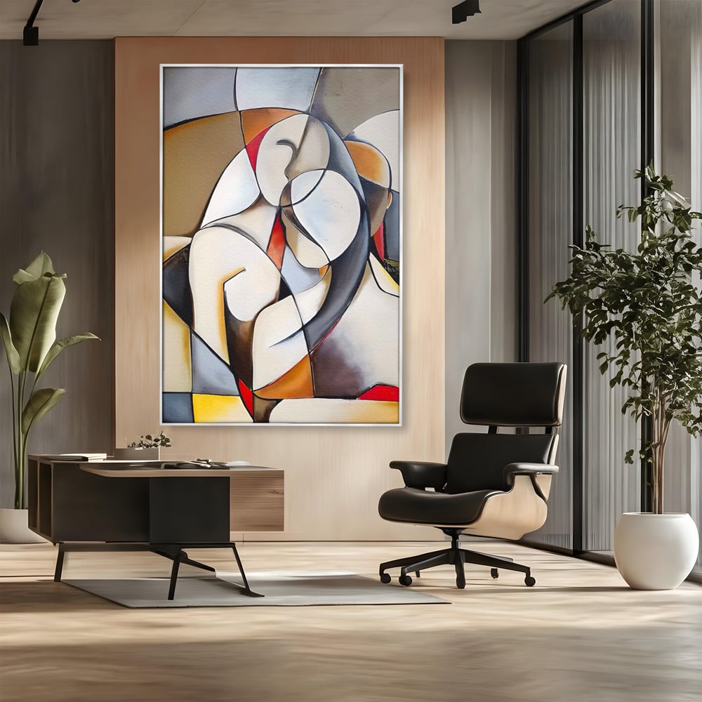 Tablou canvas cu tablou pictura cuplu imbratisat, in rama de aluminiu argintiu, pe perete intr-un birou
